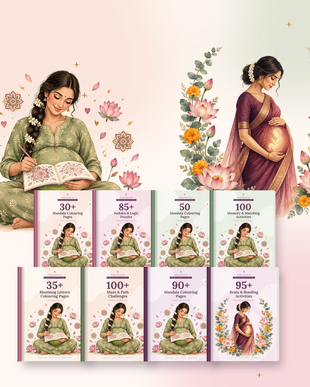 Two mothers-to-be with all eight Garbhamantra activity books